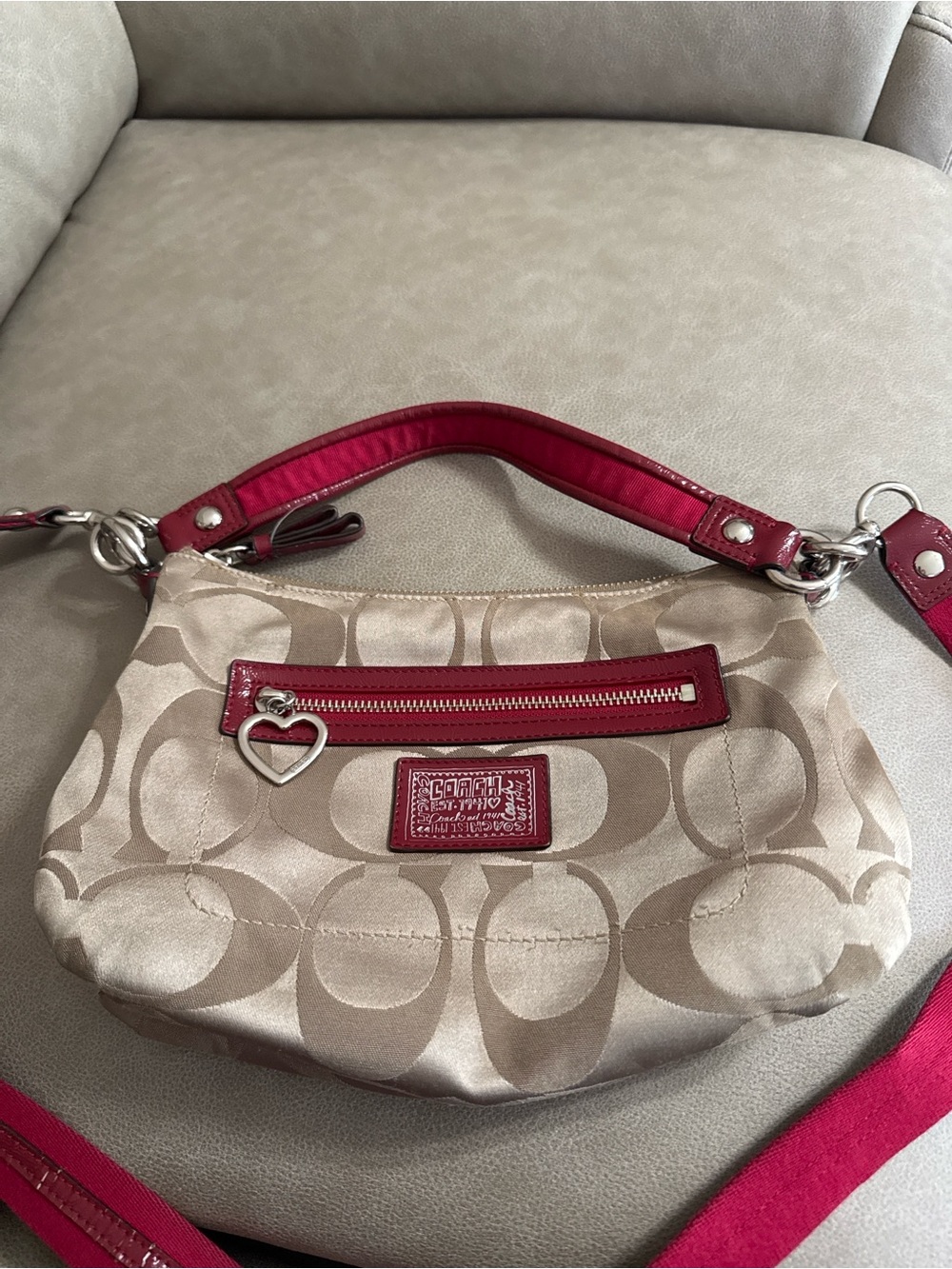 Coach Signature Khaki Pink Patent Crossbody Shoulder Bag Purse - Picture 3 of 7
